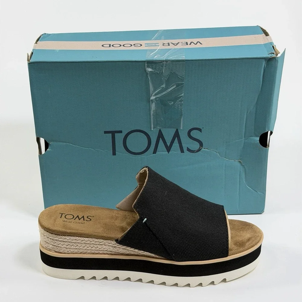 TOMS Size-8 Womens Diana Mule Platform Wedge Espadrille Black Casual Sandals